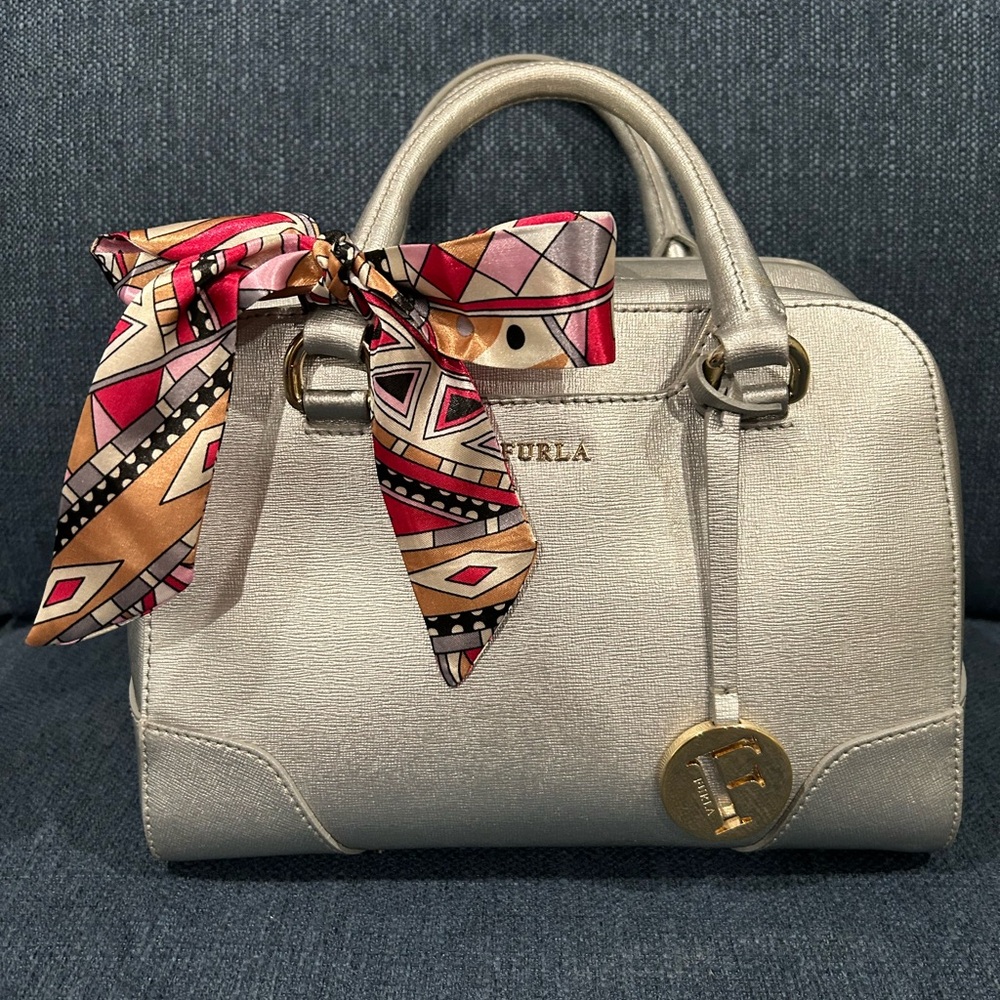 Furla Metallic Silver Leather Satchel with Twilly